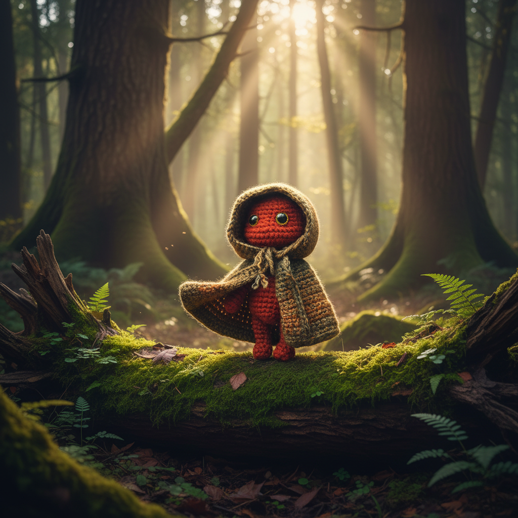 Caped Impkin standing heroically in an enchanted forest with golden light